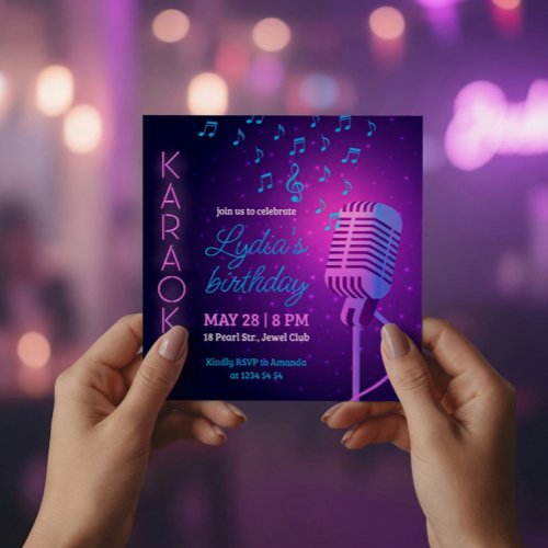 Neon Karaoke Birthday Party Microphone Square  Invitation