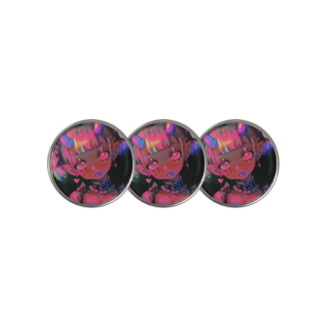 Neon Kawaii Demon Girl Pastel Goth Golf Ball Marker (3 Up)