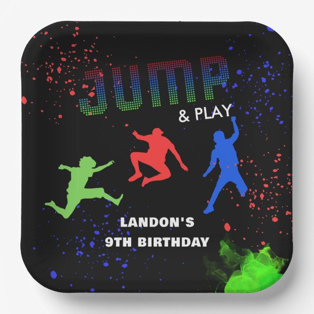 Neon Kids Trampoline Park Birthday Party Paper Plates (Front)