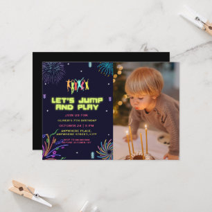 Neon kids trampoline park photo birthday  invitation