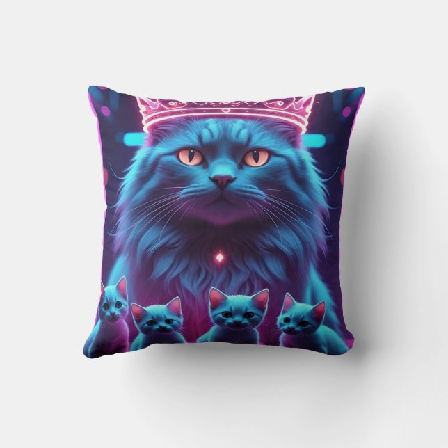 Neon King Cat & Cute Kittens  Throw Pillow (Back)