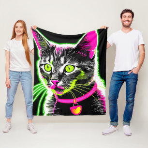 Neon Kitty Feline Art Fleece Blanket