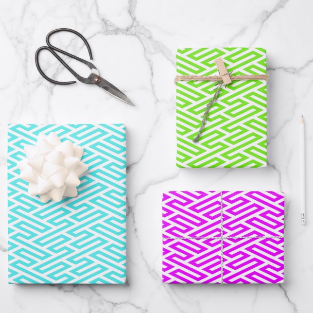 Neon Labyrinth Art Deco Geometric Wrapping Paper Sheets (Front)