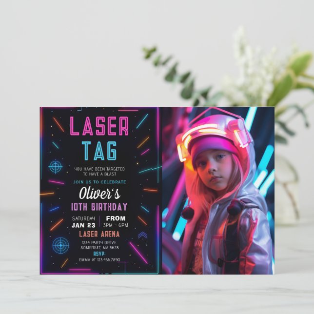 Neon Laser Tag Birthday Photo Invitation (Standing Front)