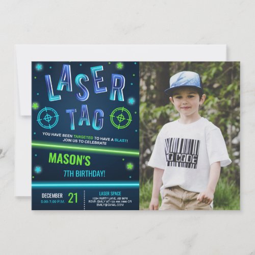 Neon Laser Tag Blue Photo Invitation