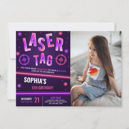 Neon Laser Tag Purple Photo Invitation