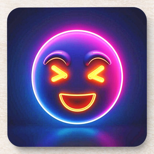 Neon Laughing Emoji Joy Beverage Coaster (Front)