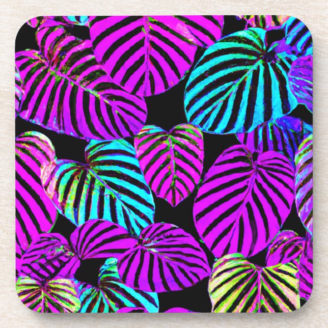 Neon Leaf Harmony Vibrant Pattern Beverage Coaster (Front)