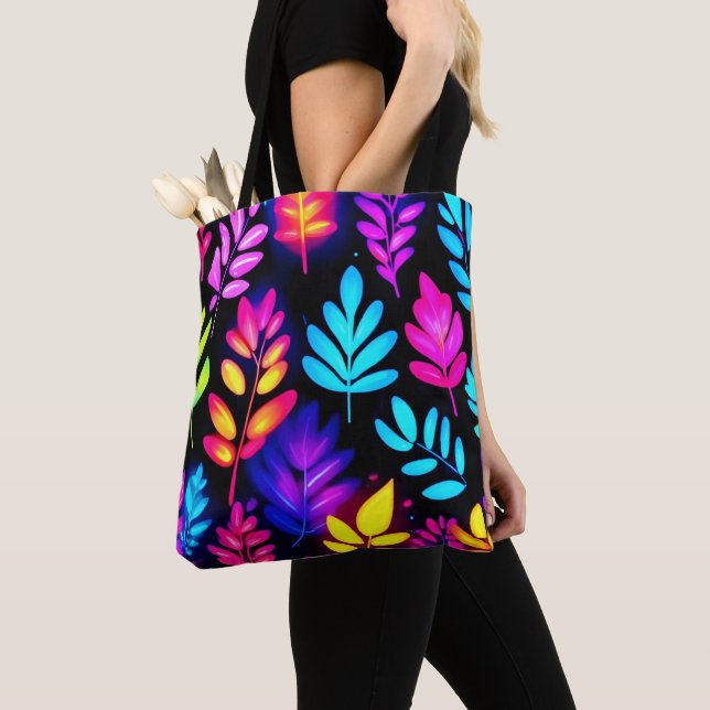 Neon Leaves Abstract Pattern Tote Bag (Close Up)