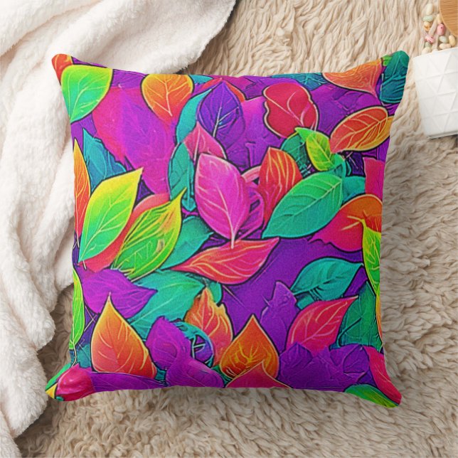 Neon Leaves: Cartoon Flow Throw Pillow (Blanket)