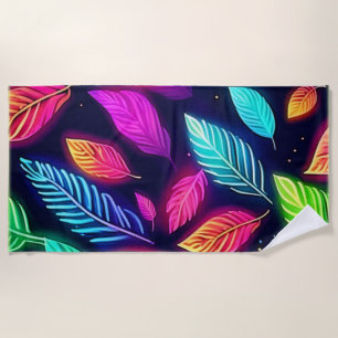 Neon Leaves in Vibrant Glow Art Beach Towel