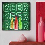 Neon LED Beer Sign Emerald Green Square Wall Clock<br><div class="desc">Square wall clock printed with neon look bar sign. The design has colored beer bottles and is lettered with the word BEER in LED strip lighting. It has a color palette of emerald green,  lime green,  red and amber. Please browse our store for alternative colorways.</div>