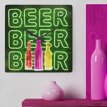 Neon LED Beer Sign Green Square Wall Clock<br><div class="desc">Square wall clock printed with neon look bar sign. The design has colored beer bottles and is lettered with the word BEER in LED strip lighting. It has a color palette of green,  red,  pink and yellow. Please browse our store for alternative colorways.</div>