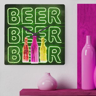 Neon LED Beer Sign Green Square Wall Clock