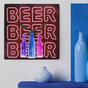 Neon LED Beer Sign Red Square Wall Clock