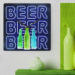 Neon LED Beer Sign Royal Blue Square Wall Clock<br><div class="desc">Square wall clock printed with neon look bar sign. The design has colored beer bottles and is lettered with the word BEER in LED strip lighting. It has a color palette of royal blue,  lime green,  emerald green and aqua blue. Please browse our store for alternative colorways.</div>