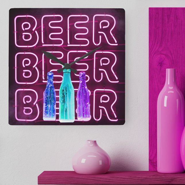 Neon LED Beer Sign Square Wall Clock (Beer Clock with mock neon bar sign design.)