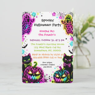 Neon Leopard Halloween Cat & Pumpkin Party Invitation