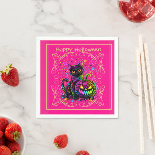 Neon Leopard Halloween Cat & Pumpkin Party Napkins