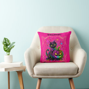 Neon Leopard Halloween Cat & Pumpkin Party Throw Pillow