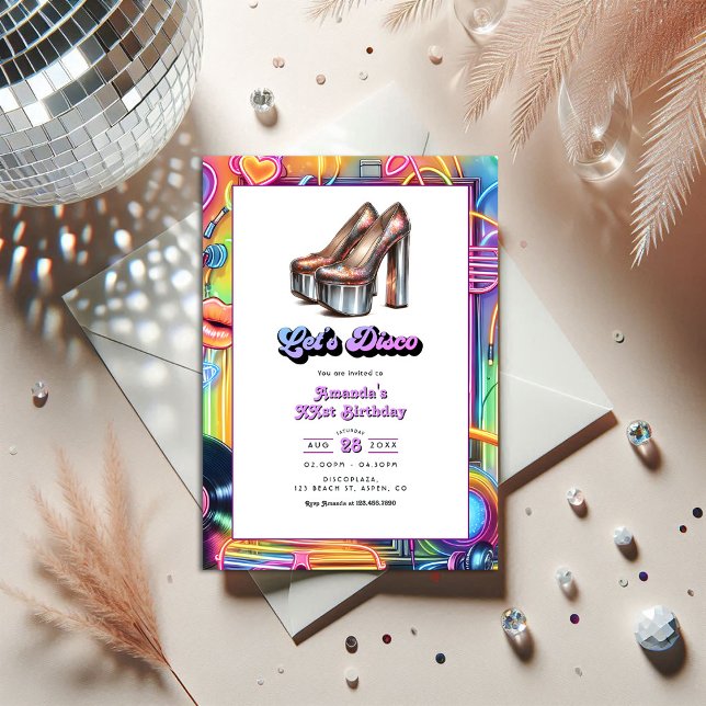 Neon "Let's Disco" Birthday Party Invitation (Neon "Let's Disco" Birthday Party Invitation)