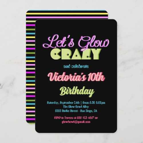 Neon Lets Glow Crazy Birthday Party Invitation