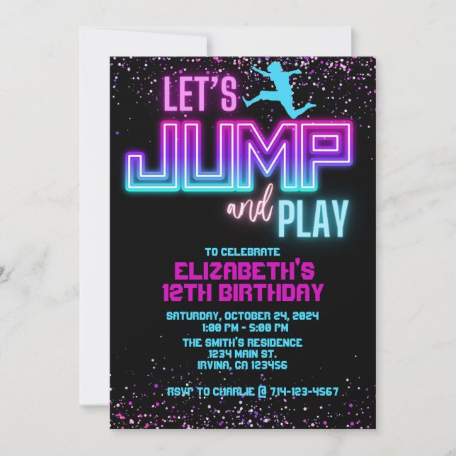 Neon Let's Jump and Play Birthday Invite Template (Front)