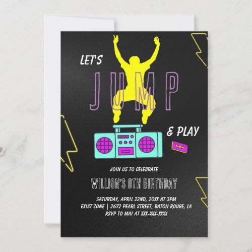 Neon Lets Jump Kids Birthday Party Invitation