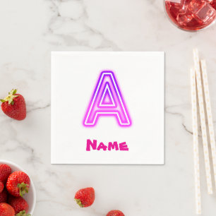 Neon Letter A Monogram Glowing Purple Pink Initial Napkins