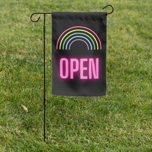 Neon LGBTQ Rainbow Open Garden Flag (In SItu)