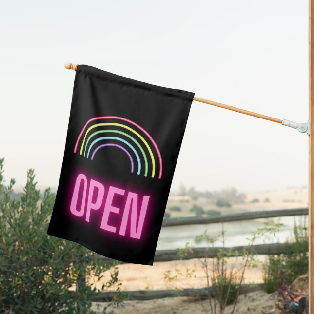 Neon LGBTQ Rainbow Open Outdoor Flag (Insitu (Back))