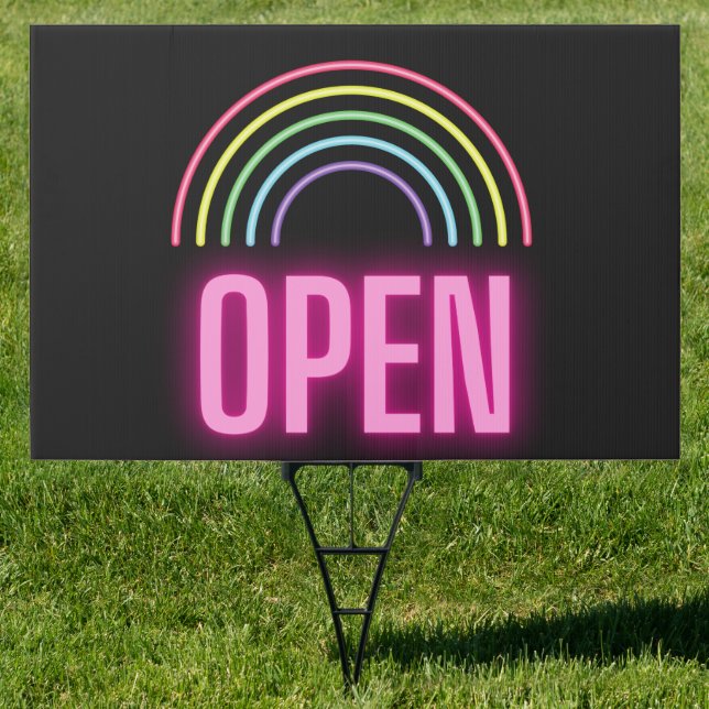 Neon LGBTQ Rainbow Open Outdoor Stake Sign (Insitu)