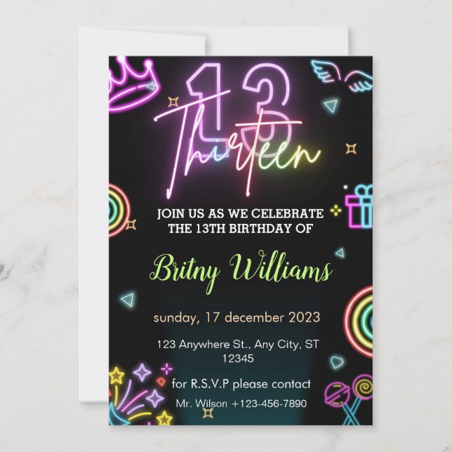 Neon  Light 13th Birthday Invitation (Front)