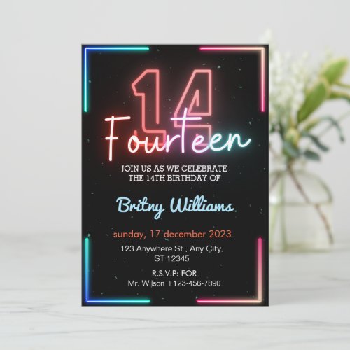 Neon  Light 14th Birthday Invitation