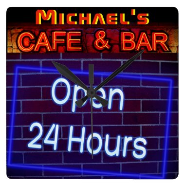 Neon Light BAR CAFE OPen ALL Hours Personalized 2 Square Wall Clock