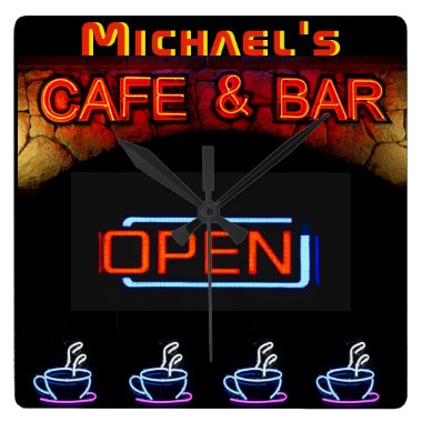 Neon Light BAR CAFE OPen Coffee Cups Personalized Square Wall Clock