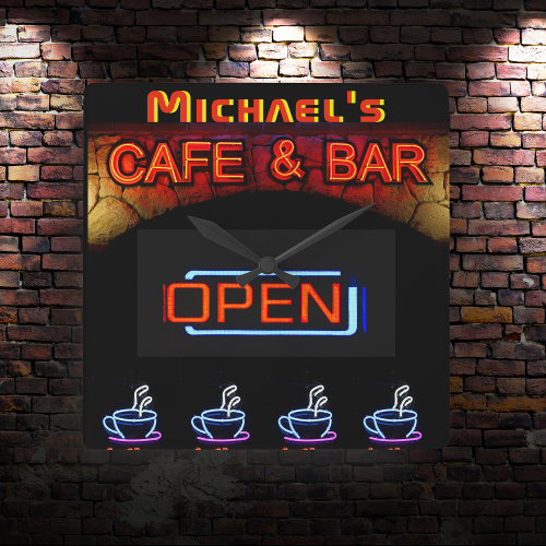 Neon Light BAR CAFE OPen Coffee Cups Personalized Square Wall Clock