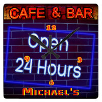 Neon Light BAR CAFE Pen ALL Hours Personalized Square Wall Clock