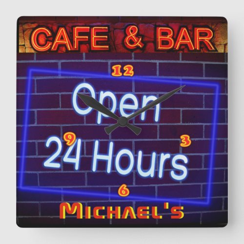 Neon Light BAR CAFE Pen ALL Hours Personalized Square Wall Clock