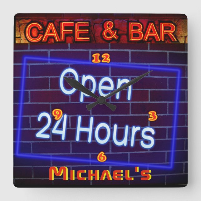 Neon Light BAR CAFE Pen ALL Hours Personalized Square Wall Clock (Front)