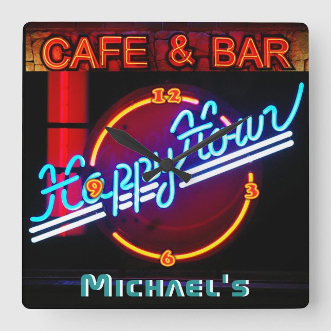 Neon Light BAR CAFE Personalized SIGN ManCave Square Wall Clock (Front)