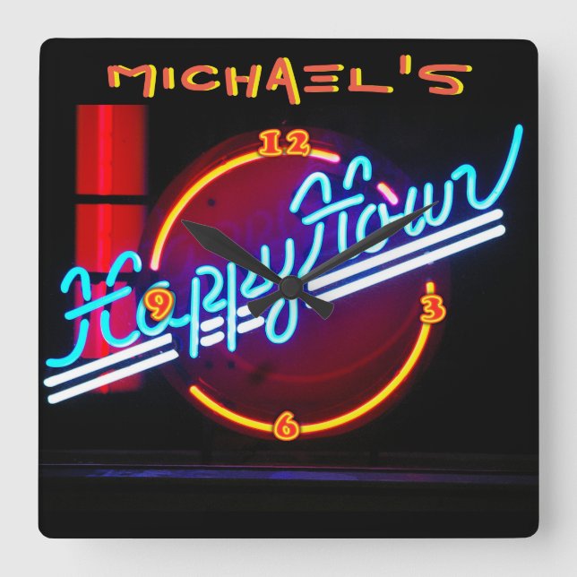 Neon Light Bar Sign Tavern Den Mancave Happy Hour Square Wall Clock (Front)