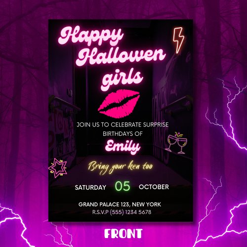 Neon Light Birthday Halloween Barbie BFF Invitation