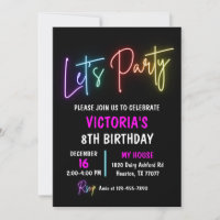 Neon Light Birthday Invitation, Rainbow Party