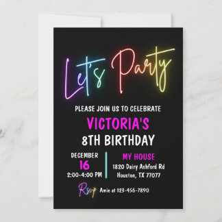 Neon Light Birthday Invitation, Rainbow Party Invitation