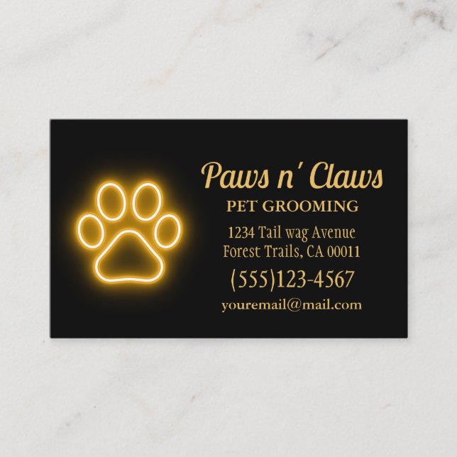 Neon Light Dog Paw Pet Grooming Business Card (Front)