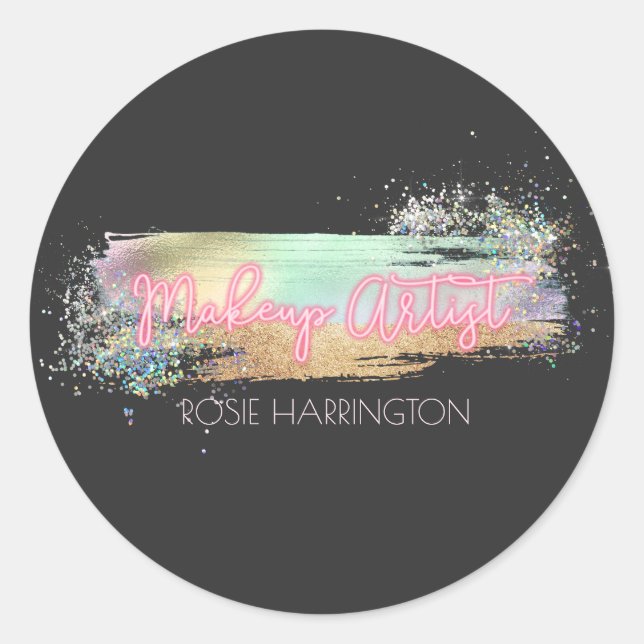 Neon Light Holographic Glitter Makeup Artist Busin Classic Round Sticker (Front)