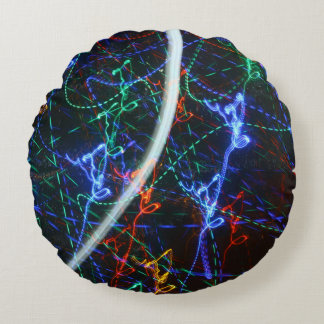 Neon Light Trails Abstract Photography. Cyberpunk Round Pillow