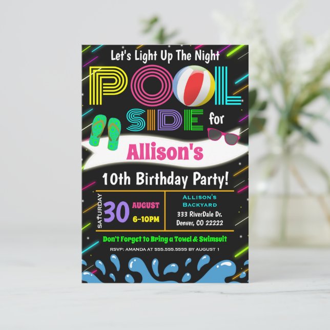 Neon Light Up The Night Pool Party Invitation (Standing Front)