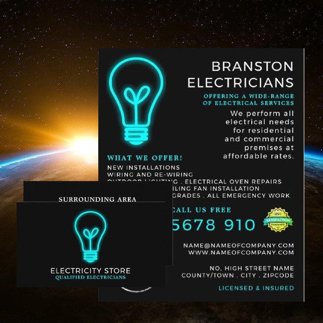 Neon Lightbulb, Electrician Business Card (Creator Uploaded)